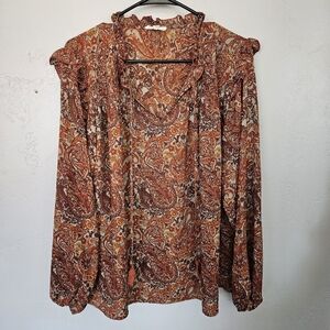 Grand & Greene Women's Large Paisley Blouse Long Sleeve Brown Orange Boho Girly